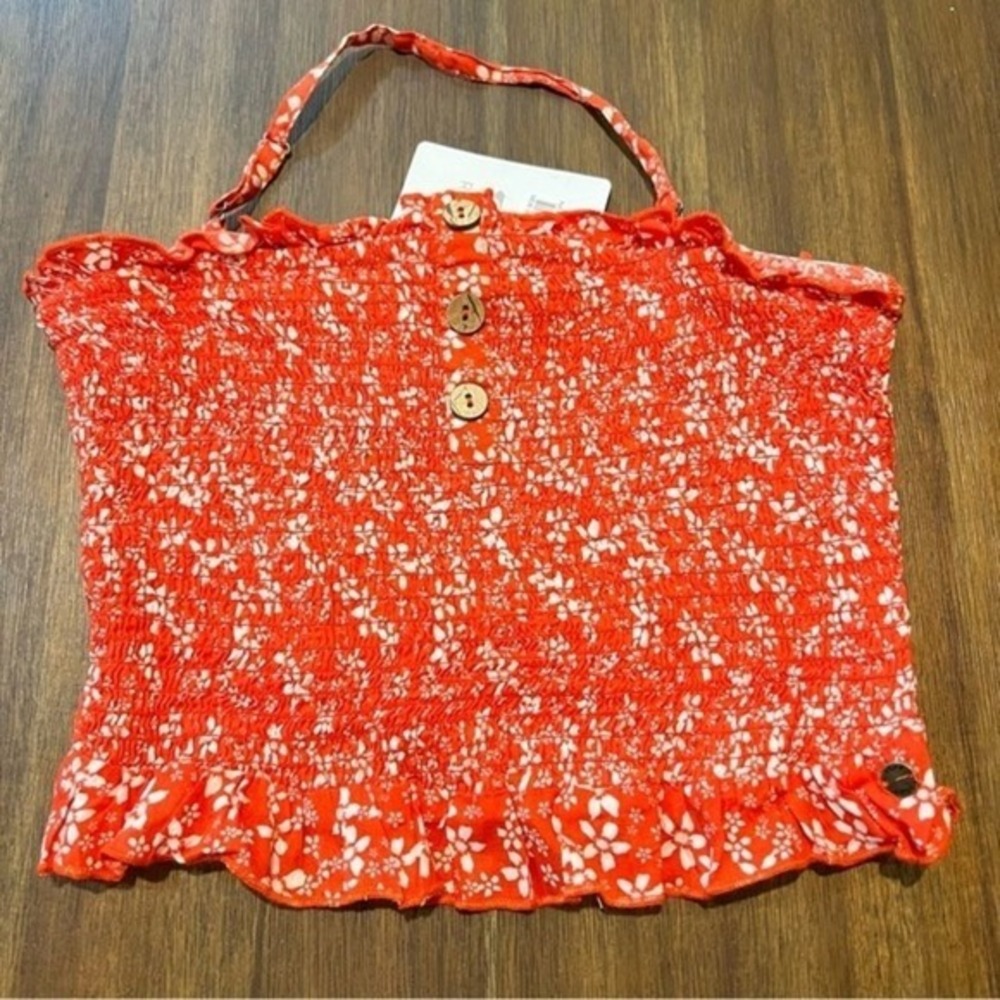 Roxy Smocked Halter Top Floral Print Ruffle‎ Trim Sleeveless Red S